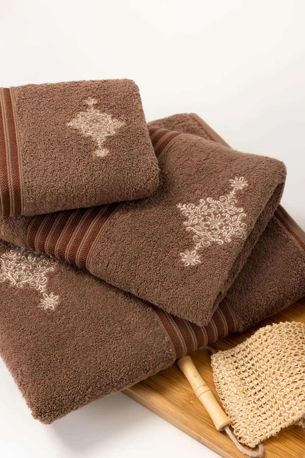 Mocha Brown 3 piece Embroidered Towel Set